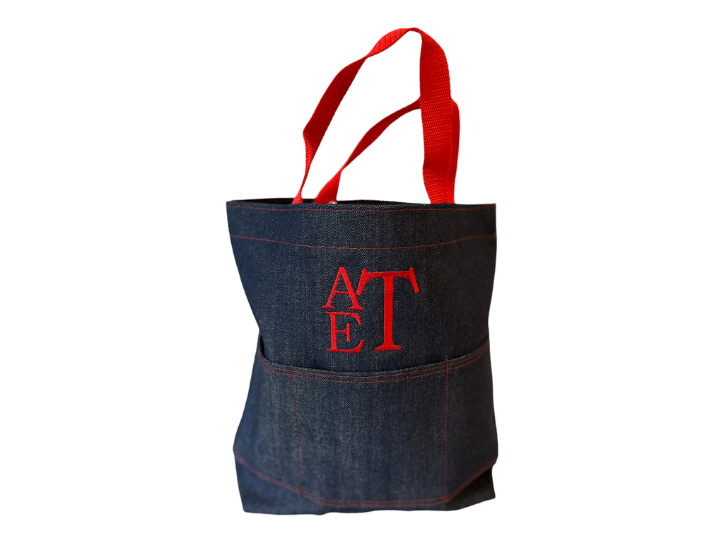 AET denim and red open tote